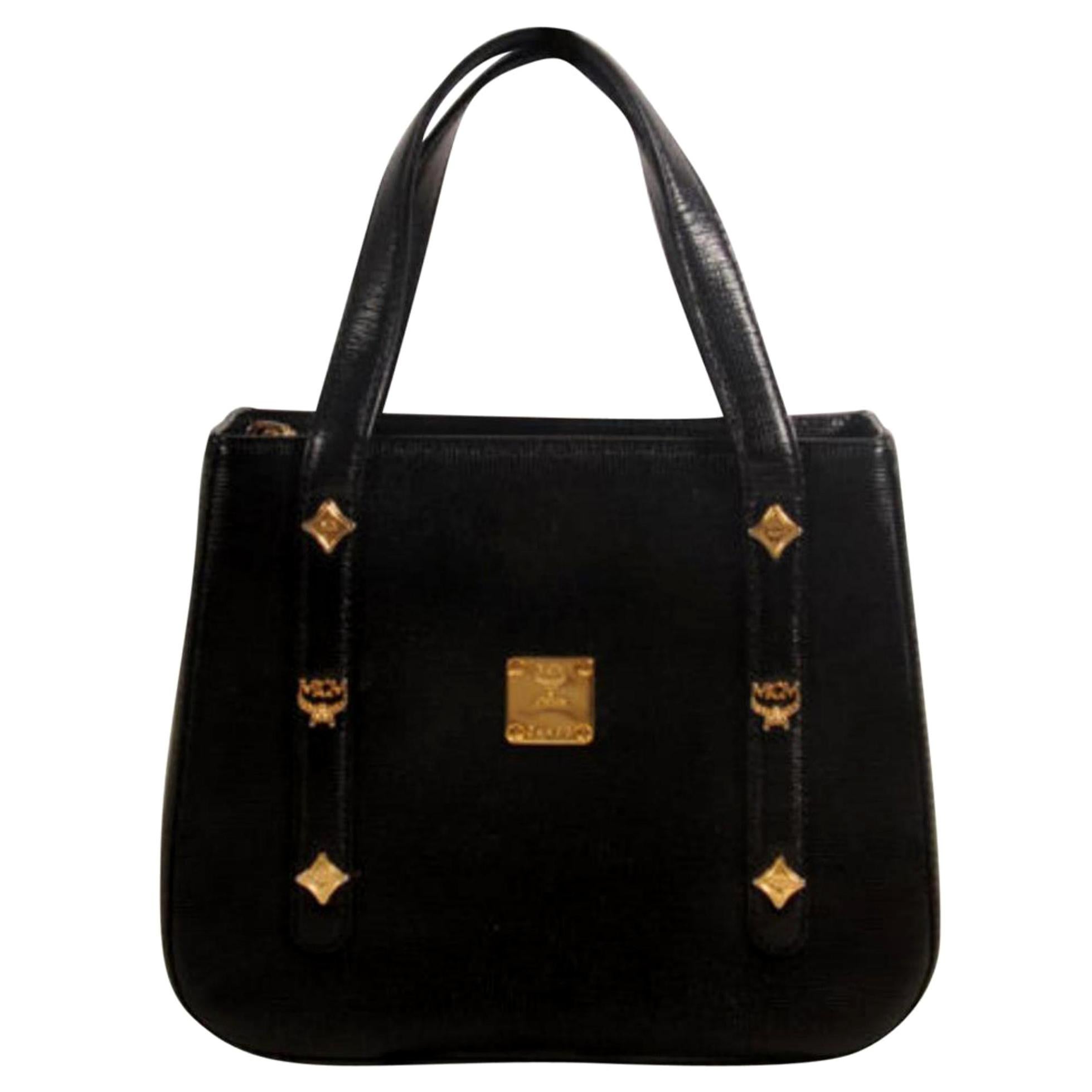 MCM Studded 869337 Black Leather Tote For Sale