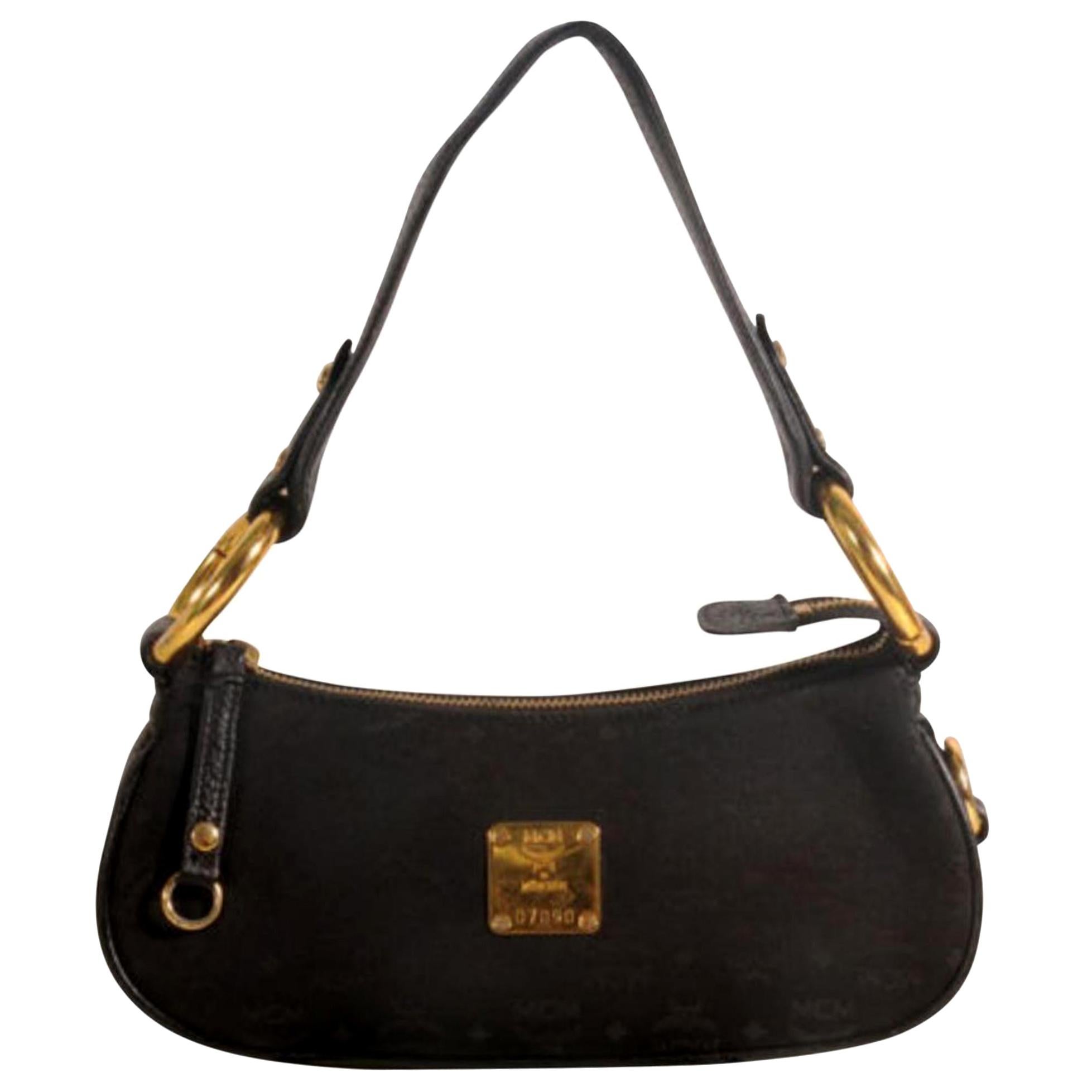 MCM Monogram Visetos Jacquard Baguette 869332 Black Leather Shoulder Bag For Sale