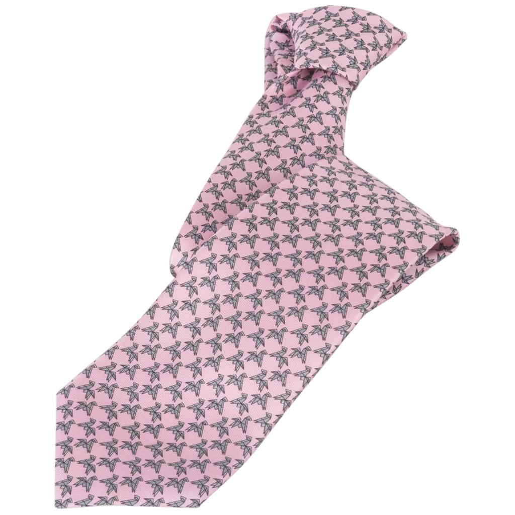 Hermes Tie Origami Horse Rose / Gris Silk Twillbi 