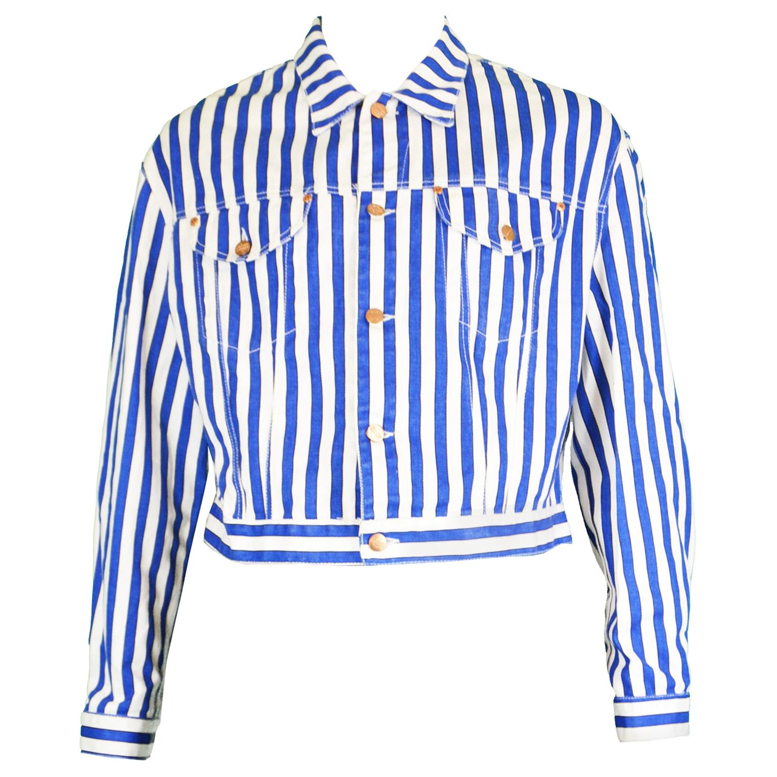 blue and white striped jean jacket