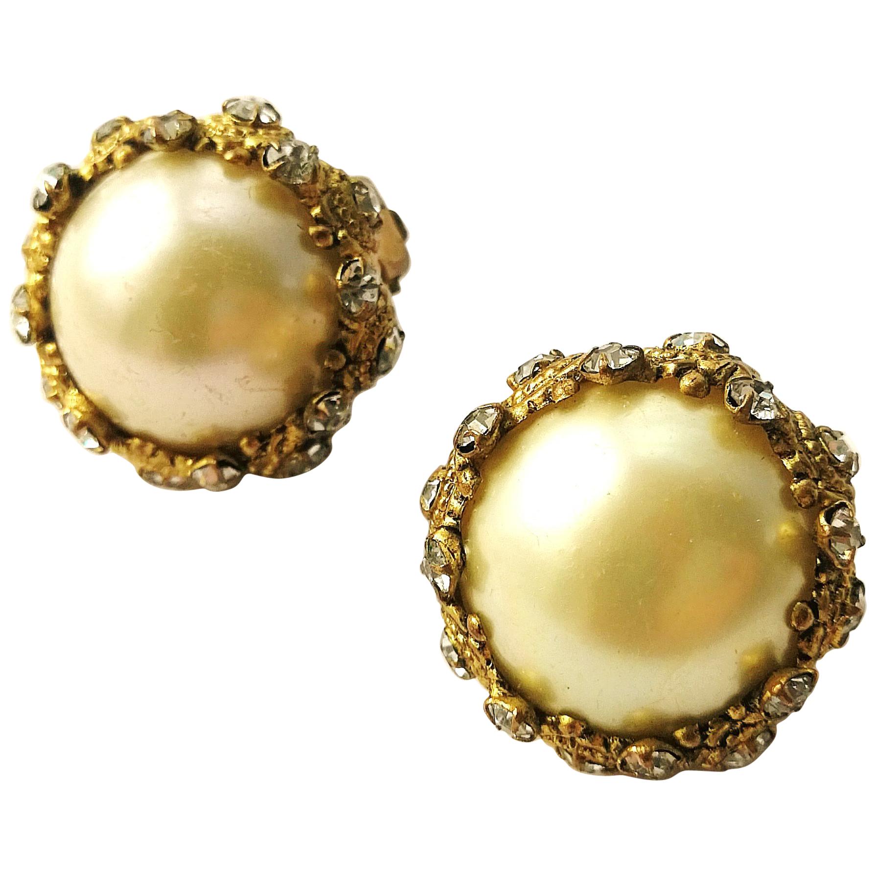 Classic large pearl, gilt and paste earrings, Chanel, France, 1950s