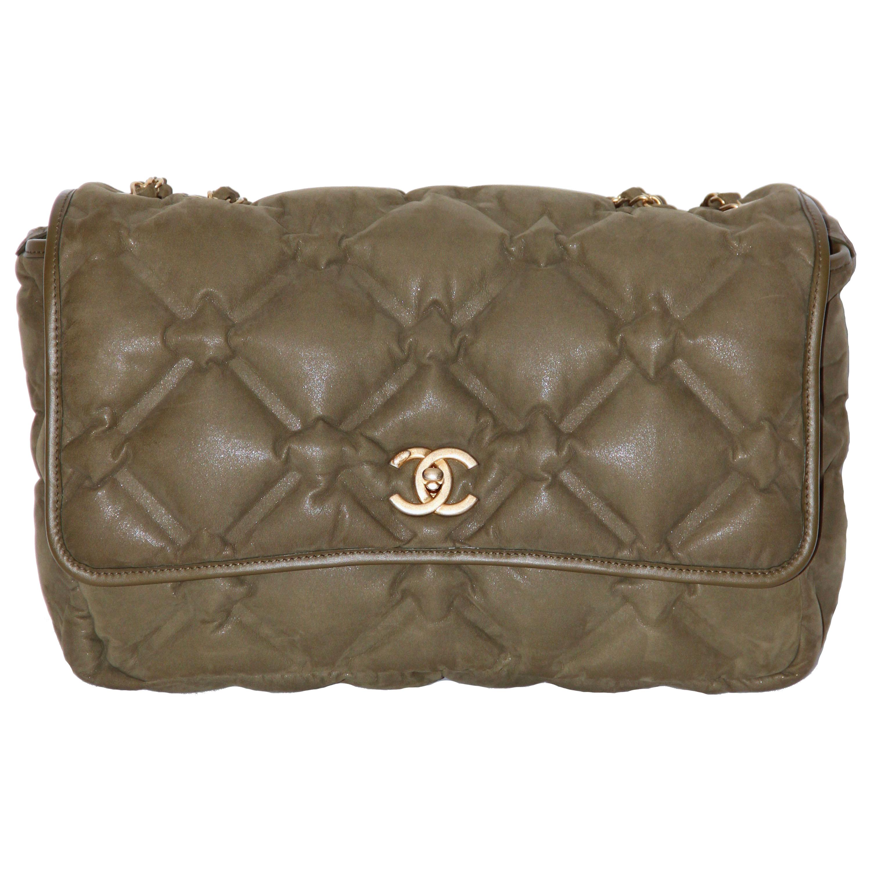 Chanel Kaki Iridescent Leather Jumbo Chesterfield Bag