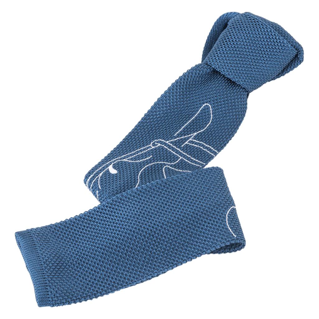 Hermes Tie Tete-A-Tete Equestre Tricot De Soie Blue Jean / Blanc