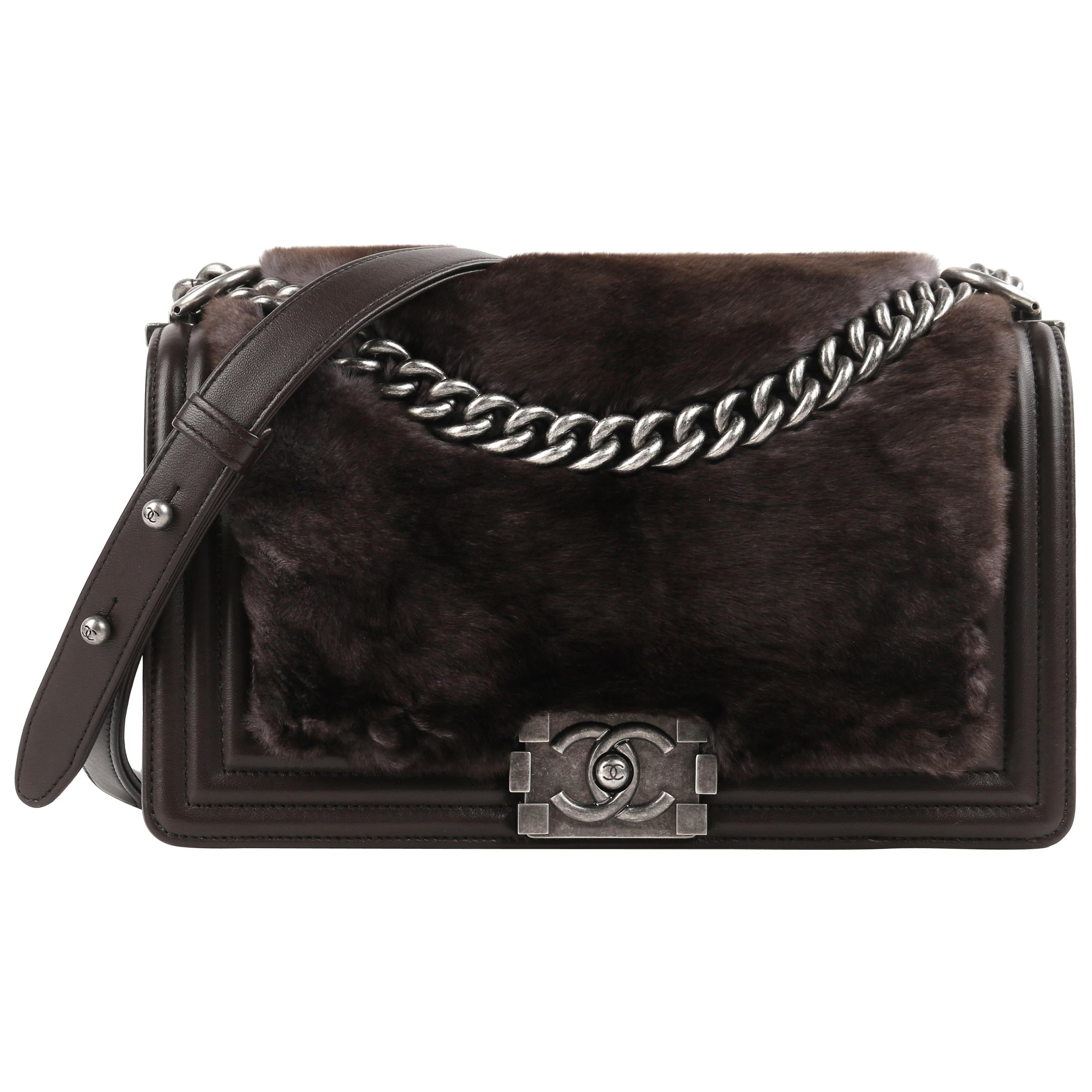 CHANEL "Medium Boy" Brown Leather Sheared Rabbit Fur Flap Bag Cross Body Handbag