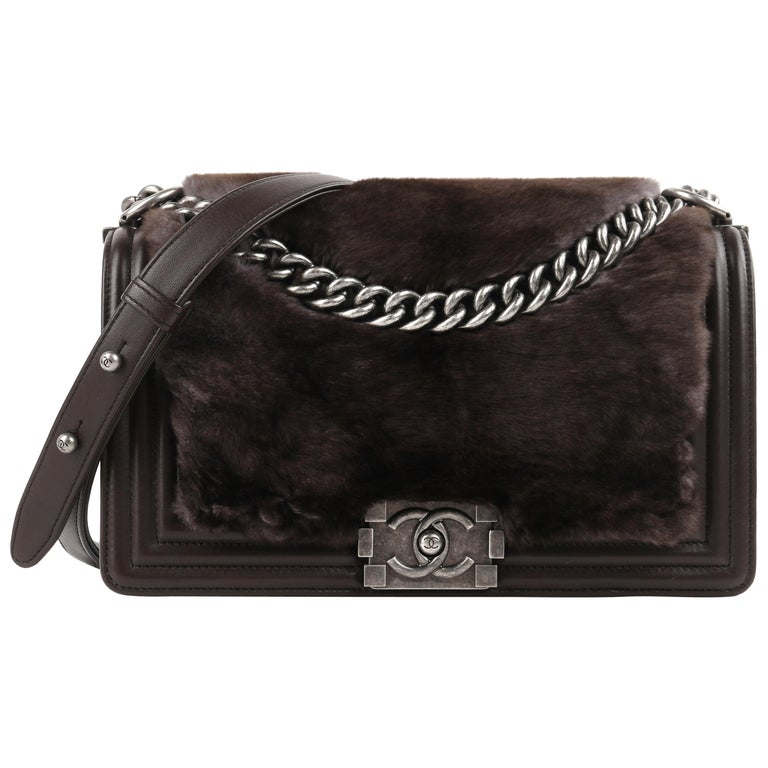 CHANEL "Medium Boy" Brown Leather Sheared Rabbit Fur Flap Bag Cross