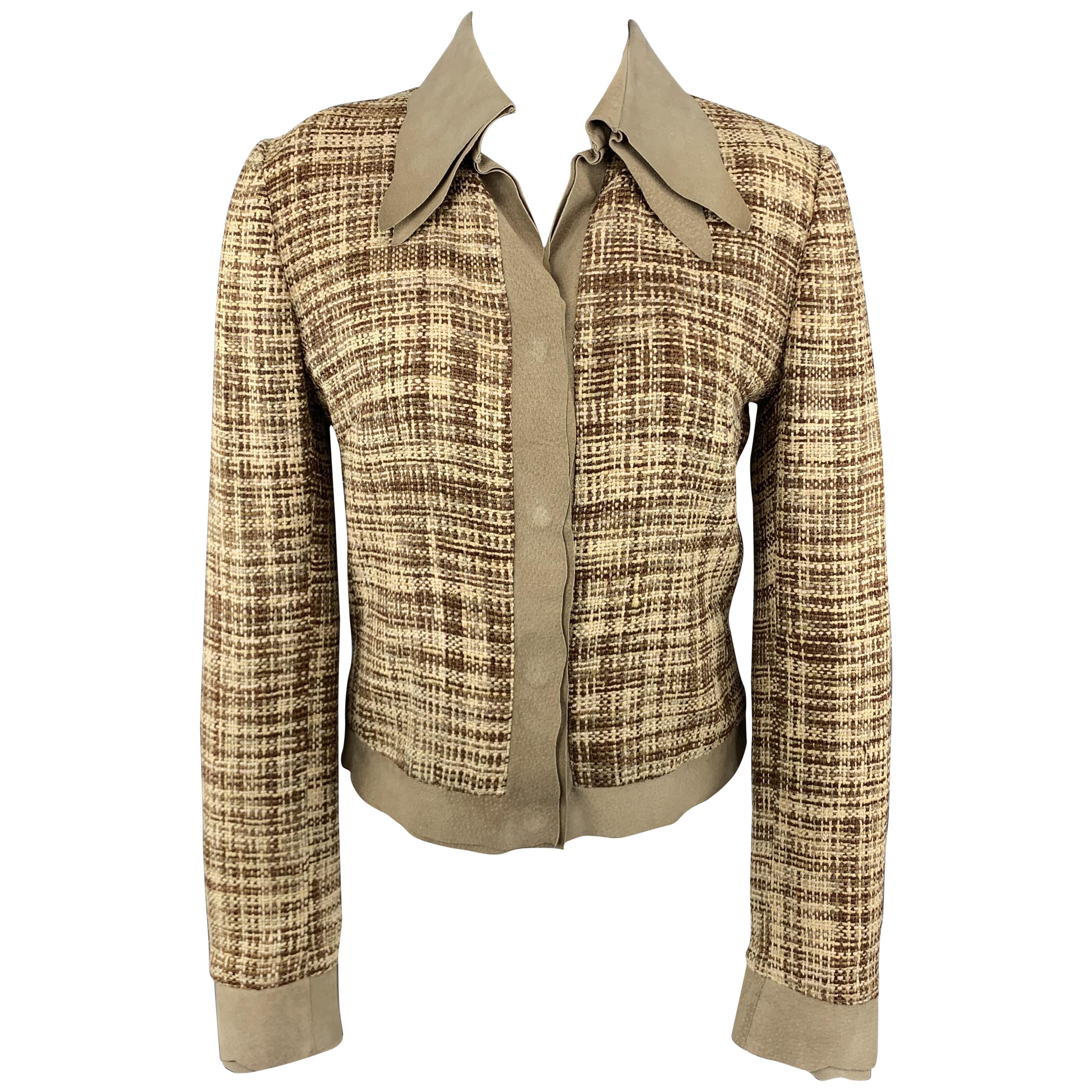 DOLCE & GABBANA Size 8 Beige & Brown Woven Silk Leather Trim Jacket