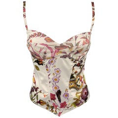 JUST CAVALLI Size 8 White & Pink Floral Sweetheart Corset Bustier Top