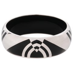 METROPOLITAN MUSEUM OF ART Deco Black Enamel Sterling Silver Bangle Bracelet MMA