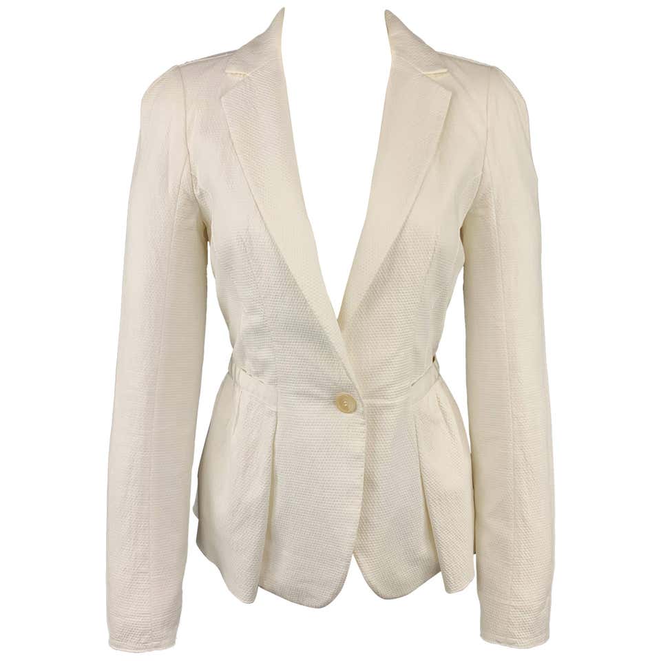 NINA RICCI Size 4 White Textured Cotton Blend Ribbon Waist Blazer at ...