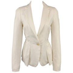 NINA RICCI Size 4 White Textured Cotton Blend Ribbon Waist Blazer