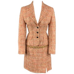 DOLCE & GABBANA Size 4 Orange Tweed Jeweled Skirt Suit