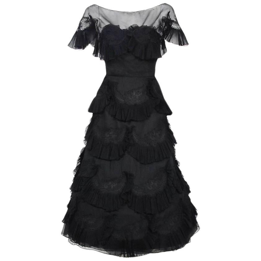 1950's Harvey Berin Black Chiffon Lace Pleated Scallops Strapless Capelet Dress