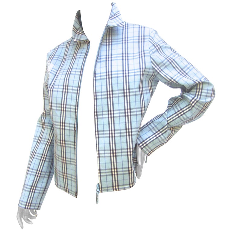 Burberry Golf Blue Nova Plaid Zippered Women's Cotton Sports Jacket