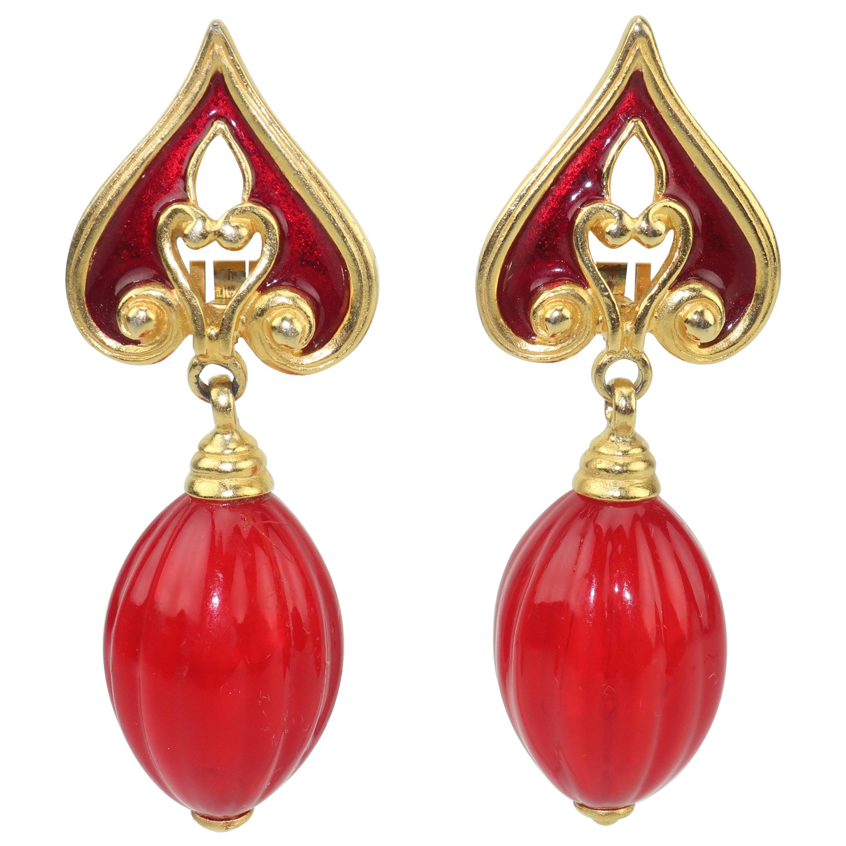 Ben Amun 1980's Red & Gold Dangle Drop Earrings