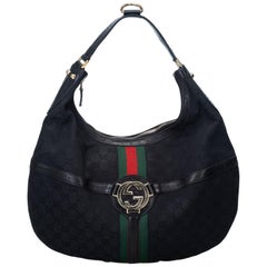 Gucci Black  with Multi Canvas Fabric Web Reins Hobo Italy w/ Dust Bag