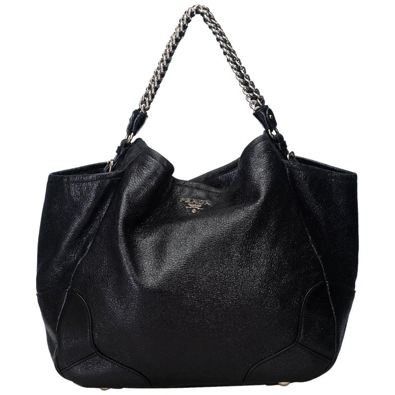 Prada Black Leather Cervo Lux Chain Tote Bag Italy W Dust
