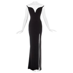 Thierry Mugler Schwarzes schulterfreies Seidenabendkleid mit Beinschlitz, ca. 1990