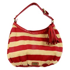 1990s Moschino Cheap and Chic Stripped Red and Beige Raffia Leather Shoulder Bag