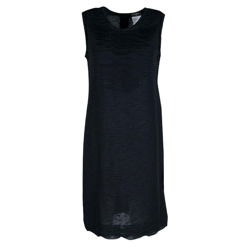 Chanel Navy Blue Striped Jersey Scallop Detail Sleeveless Dress M