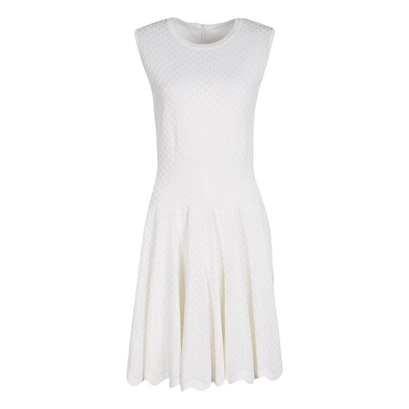 Alaia White Knit Embroidered Chevron Hem Fit and Flare Dress M at 1stDibs