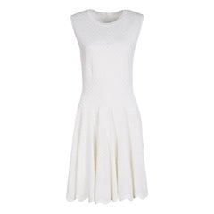 Alaia White Knit Embroidered Chevron Hem Fit and Flare Dress M