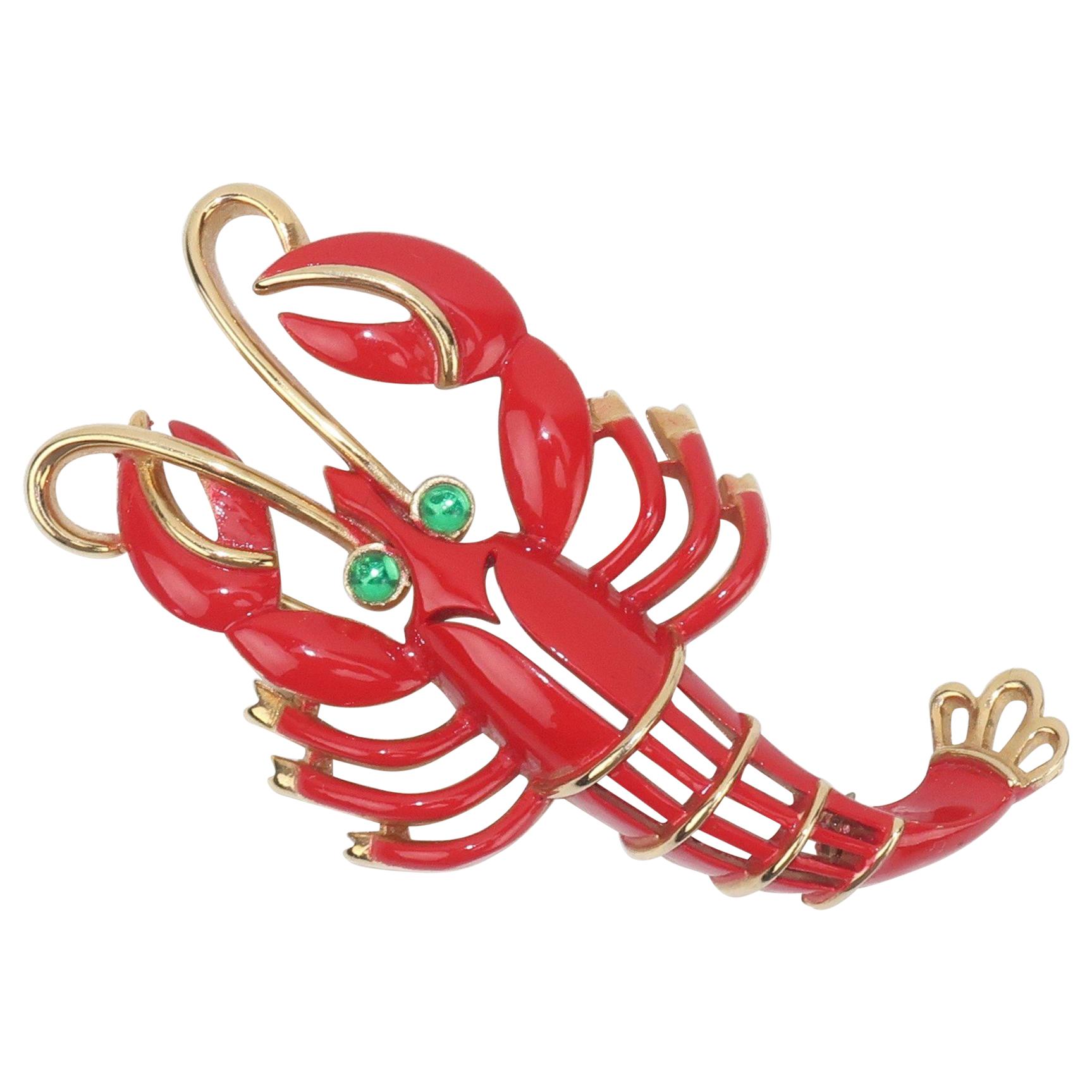Trifari Red & Gold Lobster Brooch With Green Eyes, 1960's