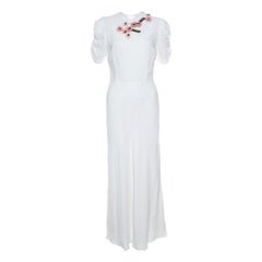 Miu Miu White Floral Embellished Neck Ruched Sleeve Dress S