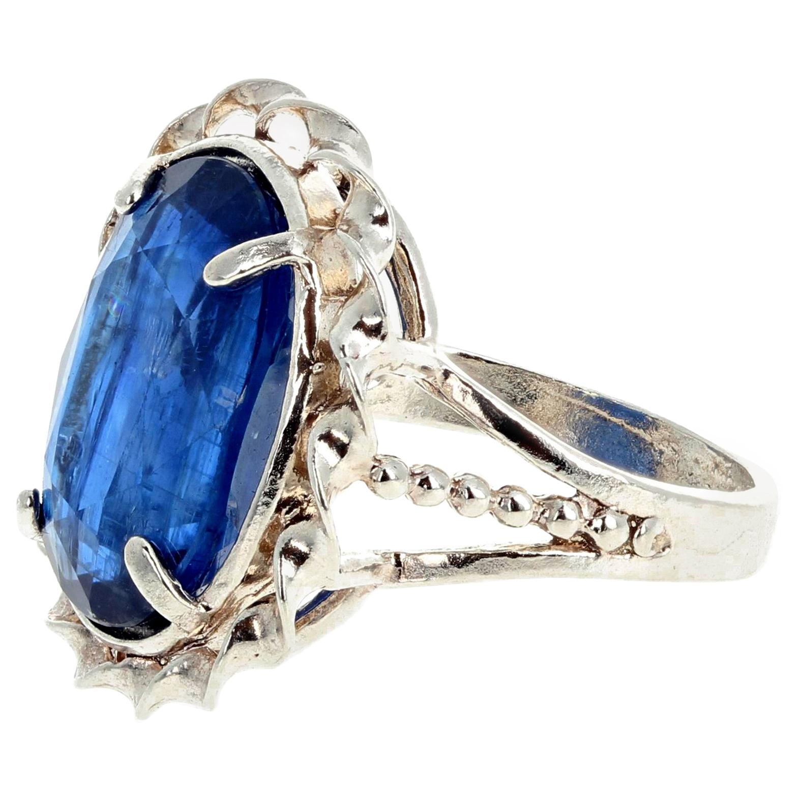 Beautiful natural Nepalese Kyanite set in a unique antique sterling silver ring size 5 (sizble FOR FREE).  The natural structure of the Kyanite glows beautifully and is 13.7 mm x 10.5 mm. 
