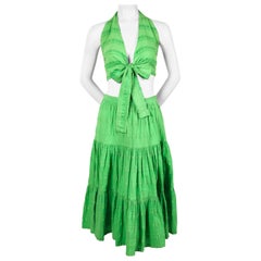 Vintage 1970's YVES SAINT LAURENT lime green cotton seersucker crop top and tiered skirt