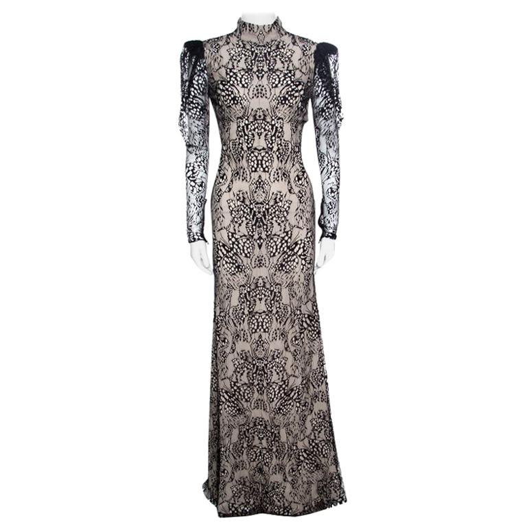 Alexander McQueen Beige and Black Backless Butterfly Lace Gown S For ...