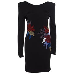 Balmain Black Floral Embellished Plunge Back Neck Power Shoulder Dress M