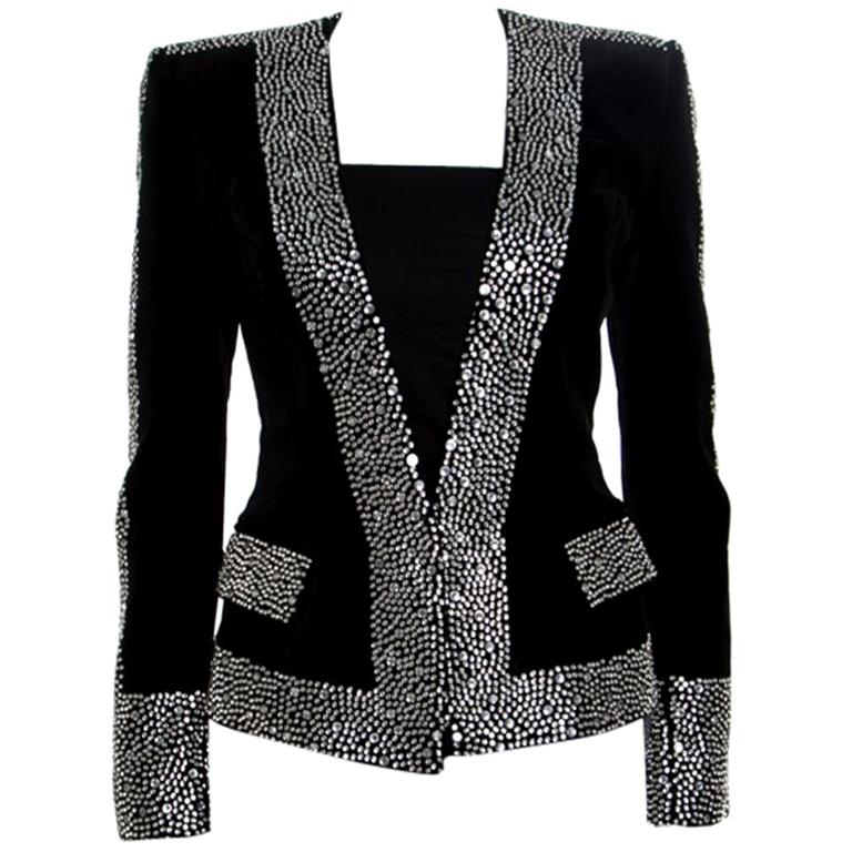 Balmain Black Crystal Embellished Velvet Tailored Power Shoulder Blazer ...