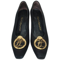 Karl Lagerfeld Black Suede Gold Logo Medallion Shoes Sz 7M, C.1990