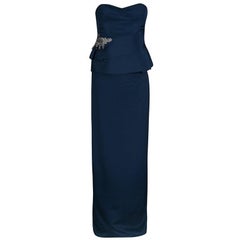 Used Notte by Marchesa Navy Blue Silk Embellished Strapless Peplum Gown L