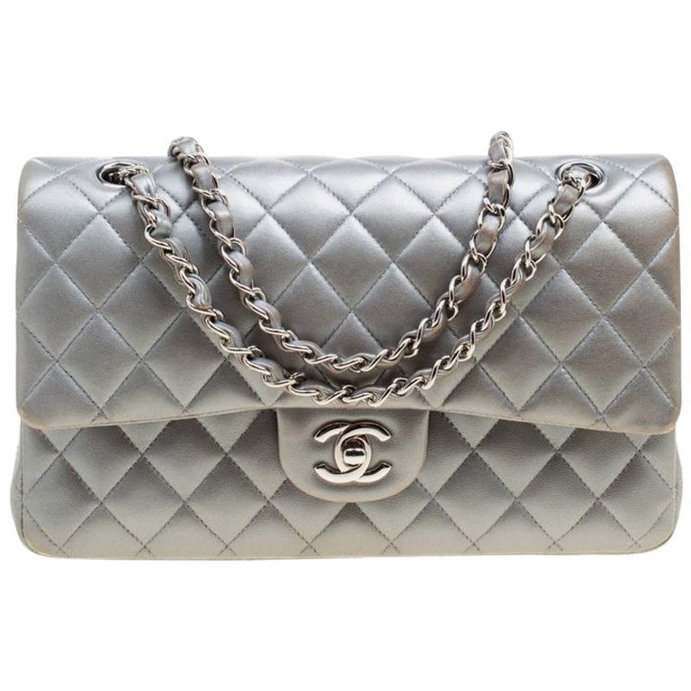 Chanel Grey Quilted Leather Medium Classic Double Flap Bag For
