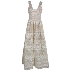 Elie Saab Ivory and Beige Embroidered Guipure Lace Plunge Neck Sleeveless Gown S