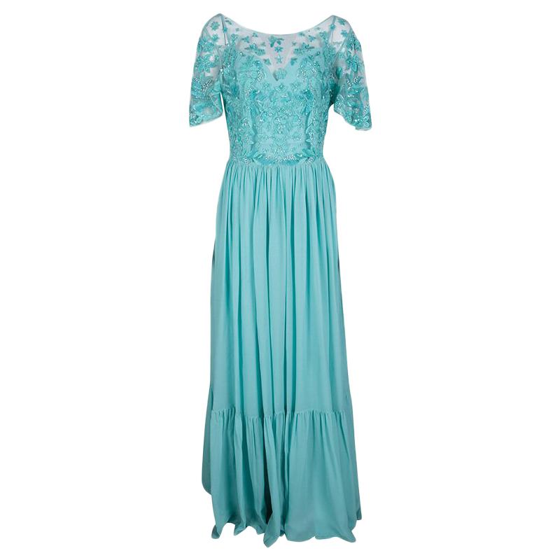 Zuhair Murad Aqua Blue Floral Embellished Embroidered Bodice Detail Gown M