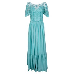 Zuhair Murad Aqua Blue Floral Embellished Embroidered Bodice Detail Gown M