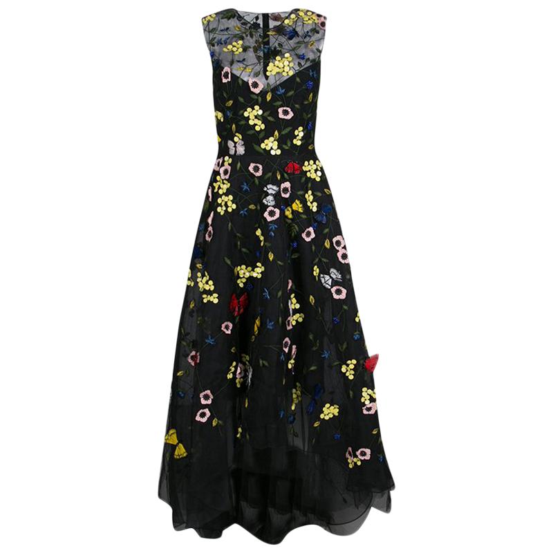 Monique Lhuillier Black Floral and Butterfly Applique High Low Tulle ...