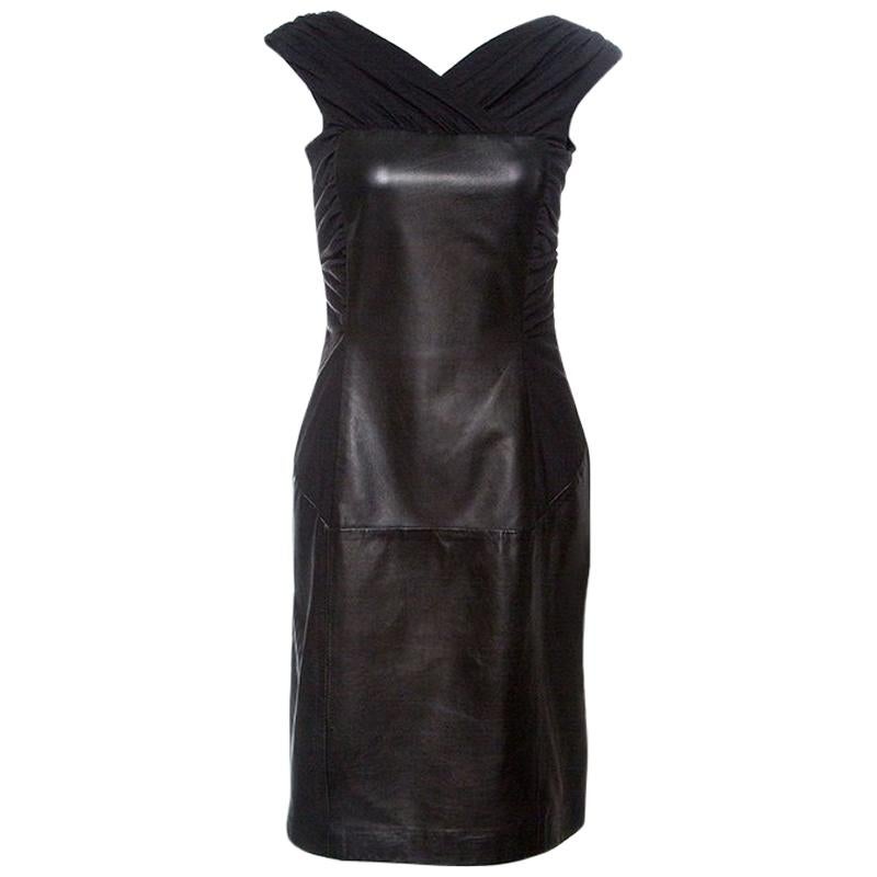 Alberta Ferretti Black Sheep Leather Panel Ruched Sleeveless Dress S