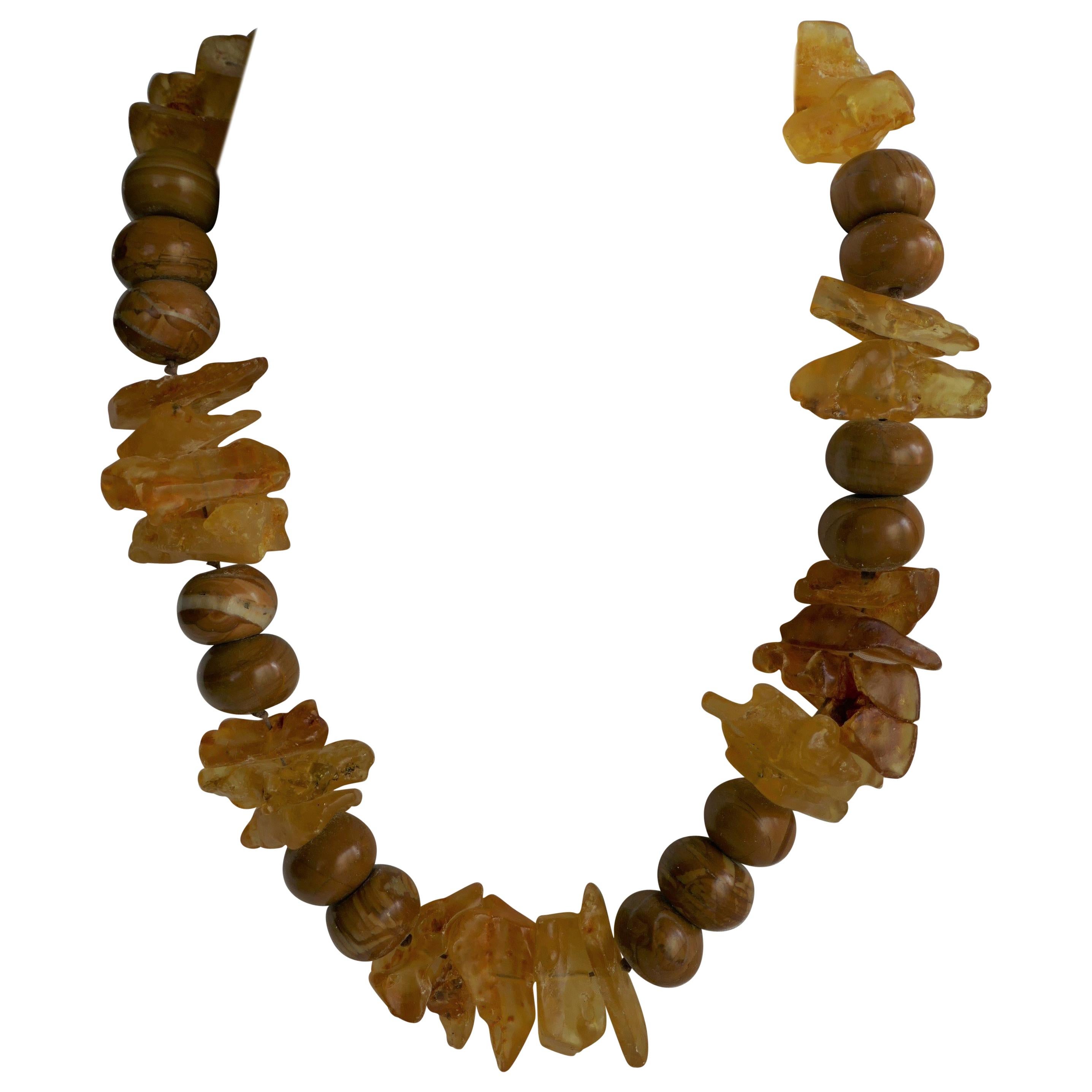 Yellow Amber Chunks Wood Line Jasper Gemstone Necklace For Sale