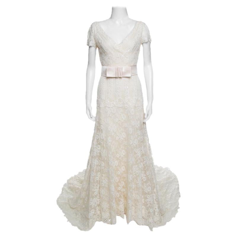 Valentino Sposa Cream Floral Beaded Lace Hesperides Sheath Wedding Gown M