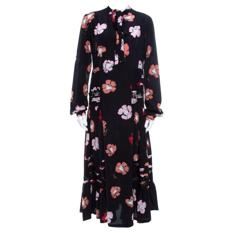 Rochas Black Floral Printed Silk Lace Trim Pintuck Detail Midi Dress M