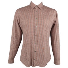 GUCCI Size L Brown & Orange Plaid Cotton Slim Cut Long Sleeve Shirt