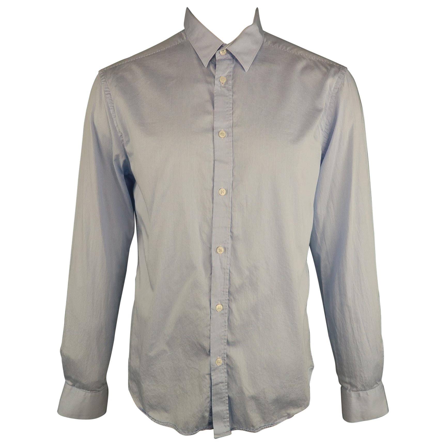 VERSACE -COLLECTION Size L White & Blue Stripe Cotton Long Sleeve Shirt