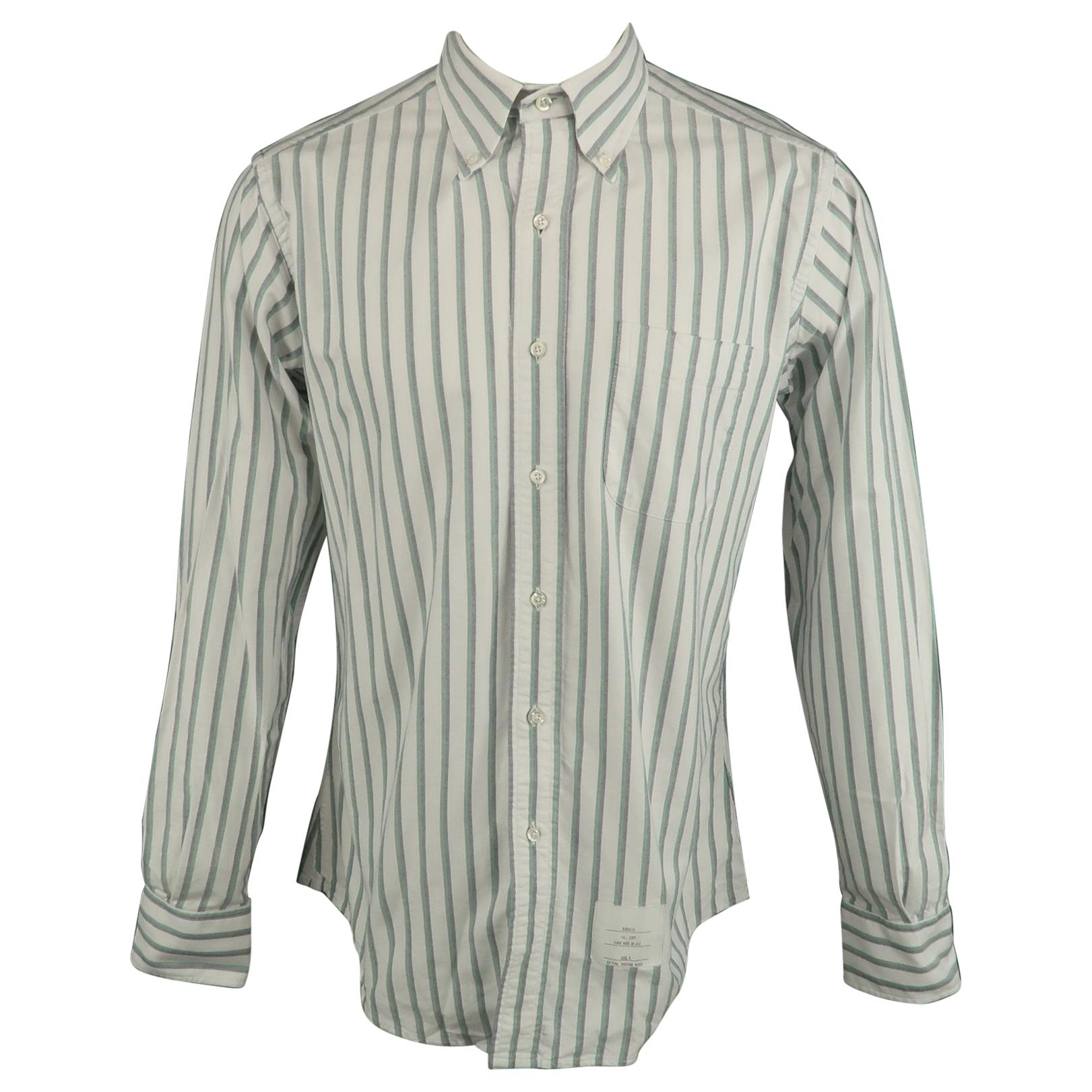 THOM BROWNE Size XL White & Green Stripe Cotton Button Down Long Sleeve Shirt