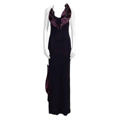 Loris Azzaro 1970s black jersey attached satin diamante embellished leaves dress