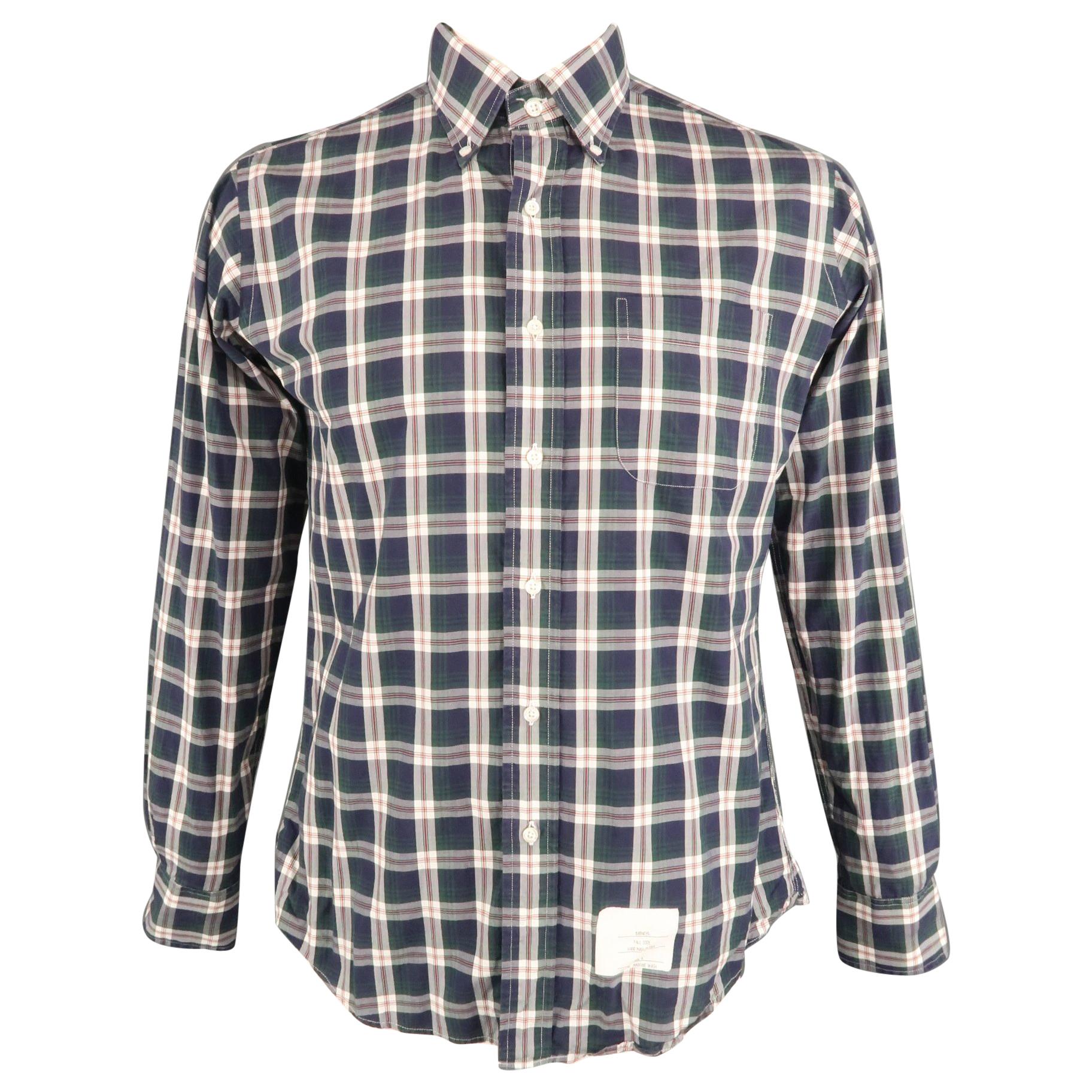 THOM BROWNE Size XL Navy & Green Plaid Cotton Button Down Long Sleeve Shirt