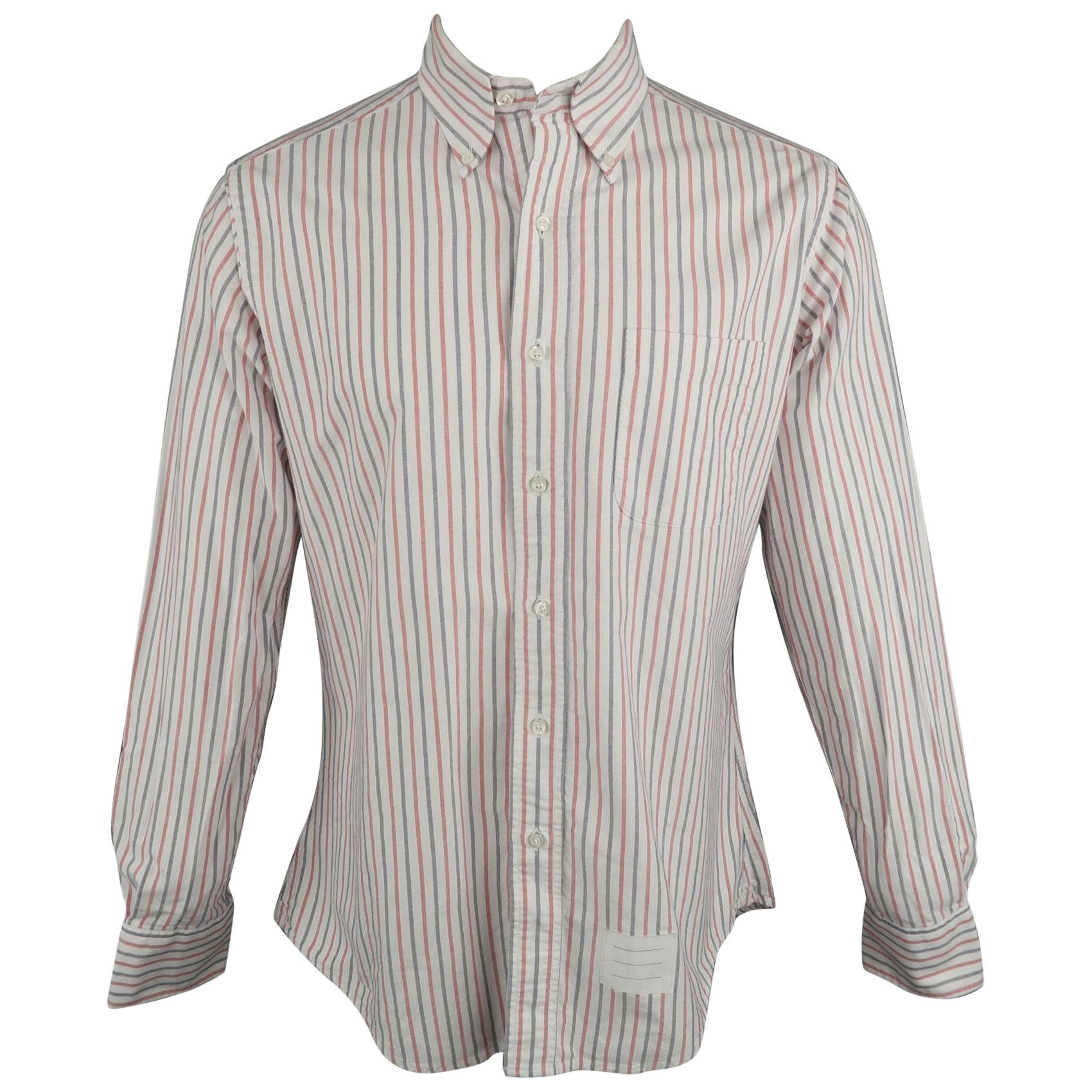 THOM BROWNE Size XL Red White Blue Stripe Cotton Button Down Long Sleeve Shirt