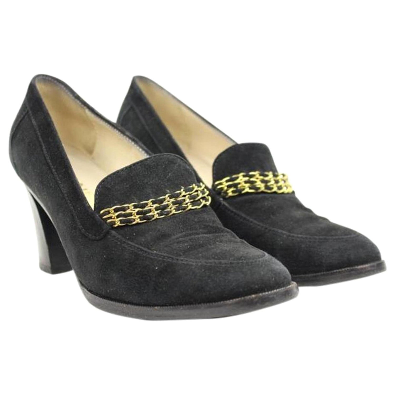 Chanel Black Gold Penny Loafer Chain Heels Ccsl03 Pumps For Sale at 1stDibs